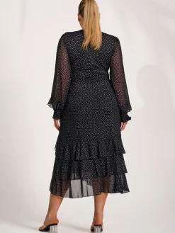 Jolie Moi Occasion Dresses|Mesh Dresses-Long Sleeve Frill Detail Mesh Maxi dress, Black Spot