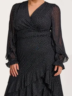 Jolie Moi Occasion Dresses|Mesh Dresses-Long Sleeve Frill Detail Mesh Maxi dress, Black Spot