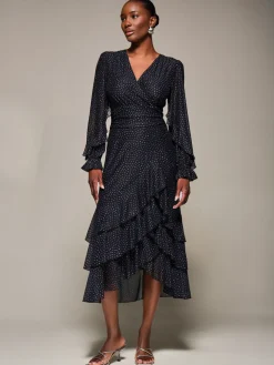 Jolie Moi Occasion Dresses|Mesh Dresses-Long Sleeve Frill Detail Mesh Maxi dress, Black Spot