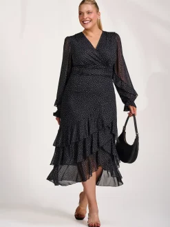 Jolie Moi Occasion Dresses|Mesh Dresses-Long Sleeve Frill Detail Mesh Maxi dress, Black Spot