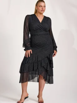 Jolie Moi Occasion Dresses|Mesh Dresses-Long Sleeve Frill Detail Mesh Maxi dress, Black Spot