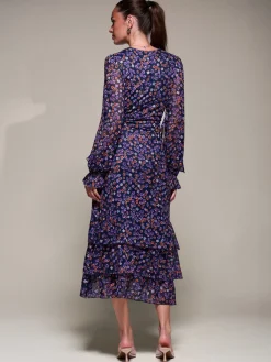 Jolie Moi Floral Dresses|Mesh Dresses-Long Sleeve Frill Detail Mesh Maxi dress, Navy Floral
