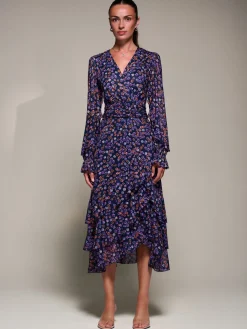 Jolie Moi Floral Dresses|Mesh Dresses-Long Sleeve Frill Detail Mesh Maxi dress, Navy Floral