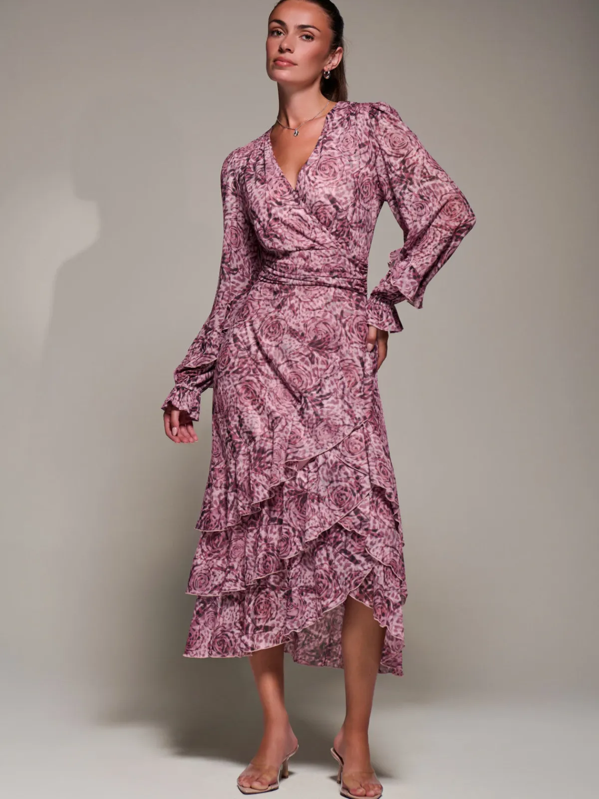 Jolie Moi Long Sleeved Dresses|Maxi Dresses-Long Sleeve Frill Detail Mesh Maxi dress, Pink Abstract