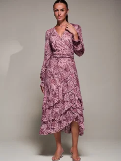 Jolie Moi Long Sleeved Dresses|Maxi Dresses-Long Sleeve Frill Detail Mesh Maxi dress, Pink Abstract