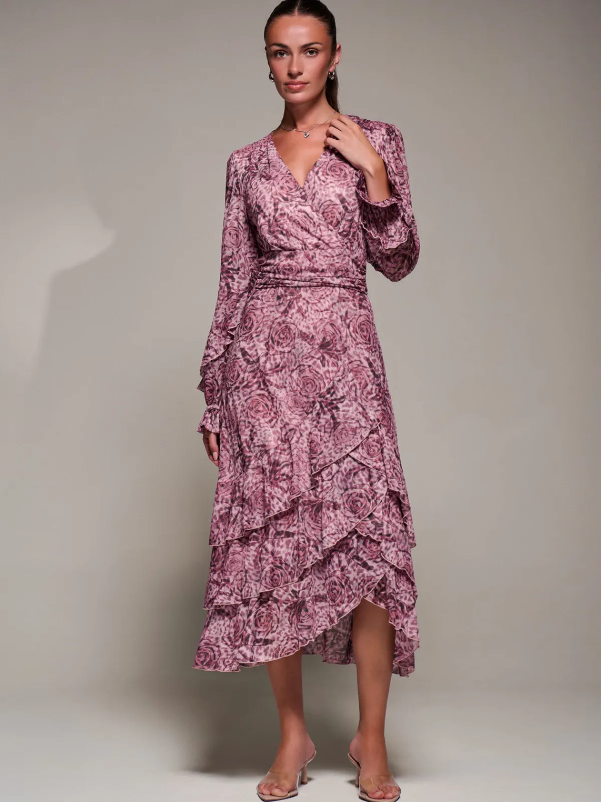 Jolie Moi Long Sleeved Dresses|Maxi Dresses-Long Sleeve Frill Detail Mesh Maxi dress, Pink Abstract