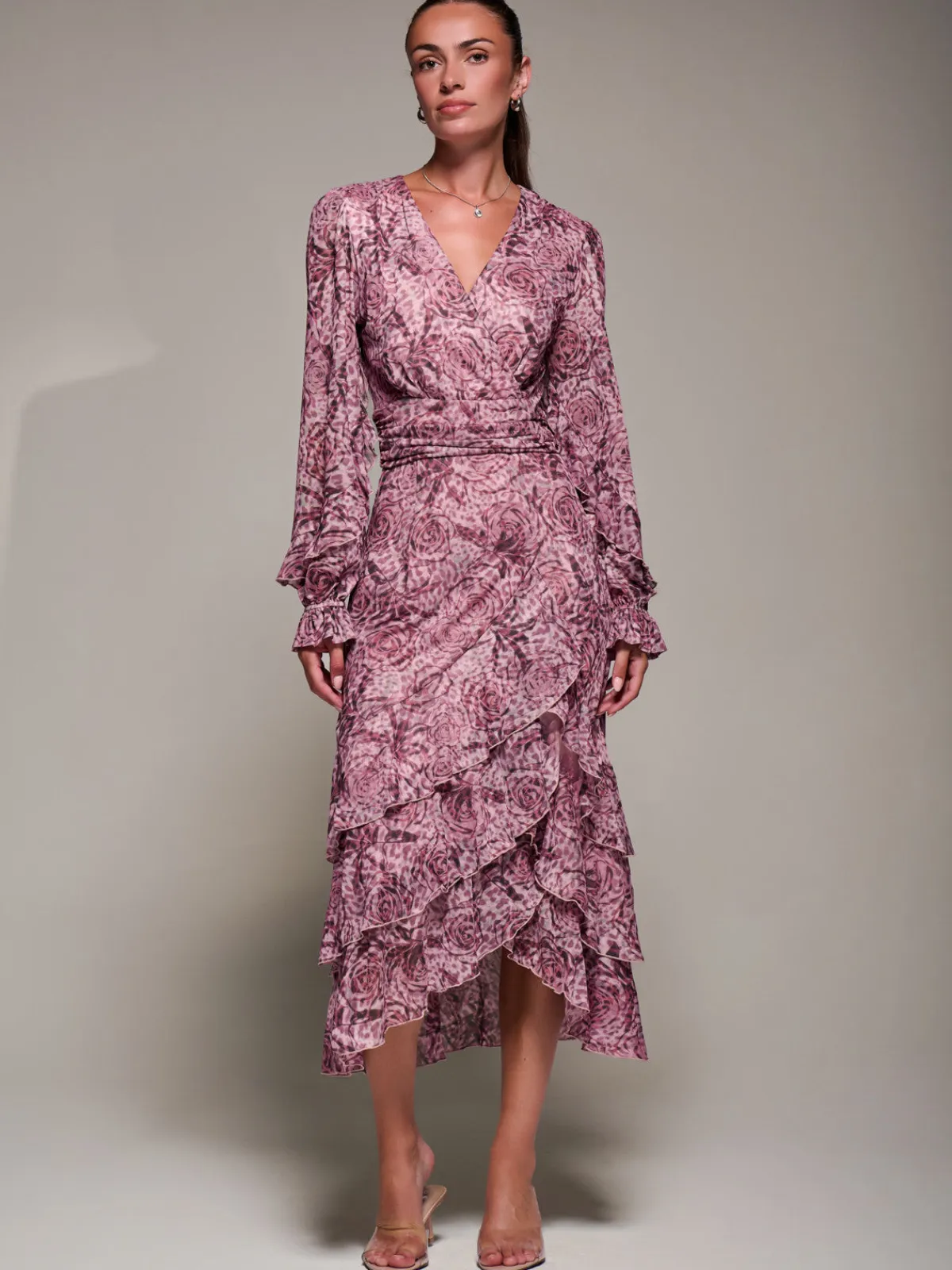 Jolie Moi Long Sleeved Dresses|Maxi Dresses-Long Sleeve Frill Detail Mesh Maxi dress, Pink Abstract