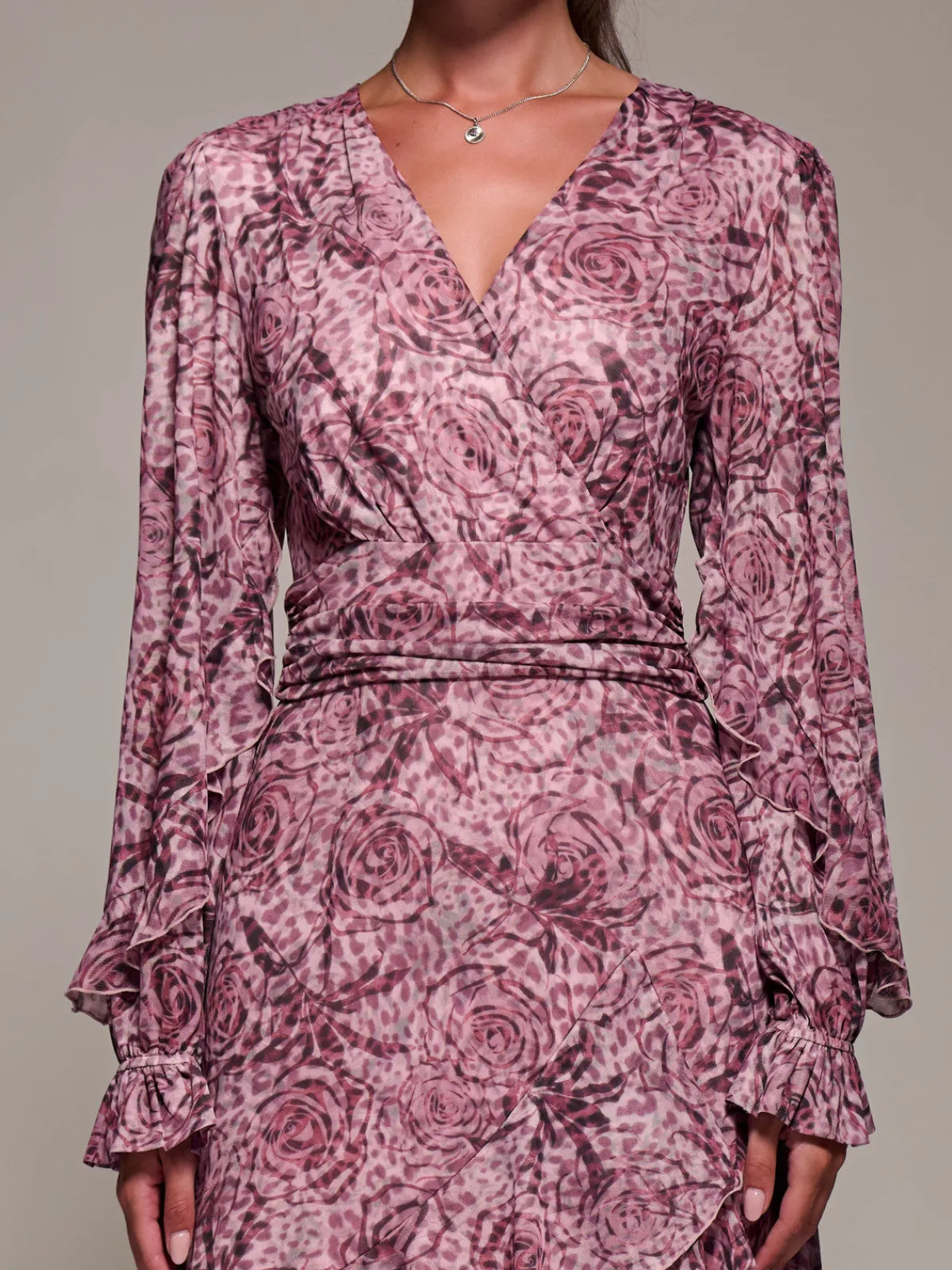 Jolie Moi Long Sleeved Dresses|Maxi Dresses-Long Sleeve Frill Detail Mesh Maxi dress, Pink Abstract