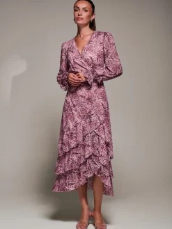 Jolie Moi Long Sleeved Dresses|Maxi Dresses-Long Sleeve Frill Detail Mesh Maxi dress, Pink Abstract