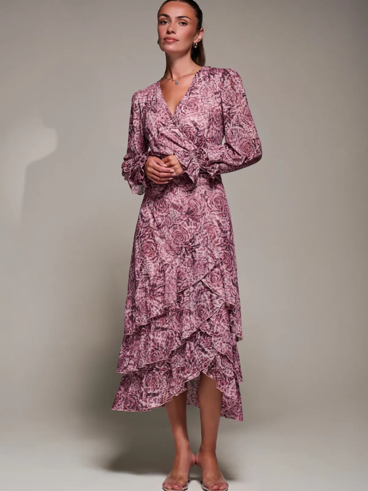 Jolie Moi Long Sleeved Dresses|Maxi Dresses-Long Sleeve Frill Detail Mesh Maxi dress, Pink Abstract