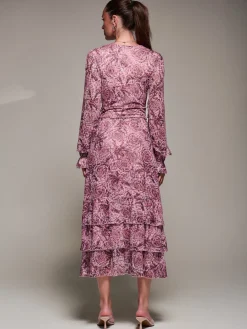 Jolie Moi Long Sleeved Dresses|Maxi Dresses-Long Sleeve Frill Detail Mesh Maxi dress, Pink Abstract