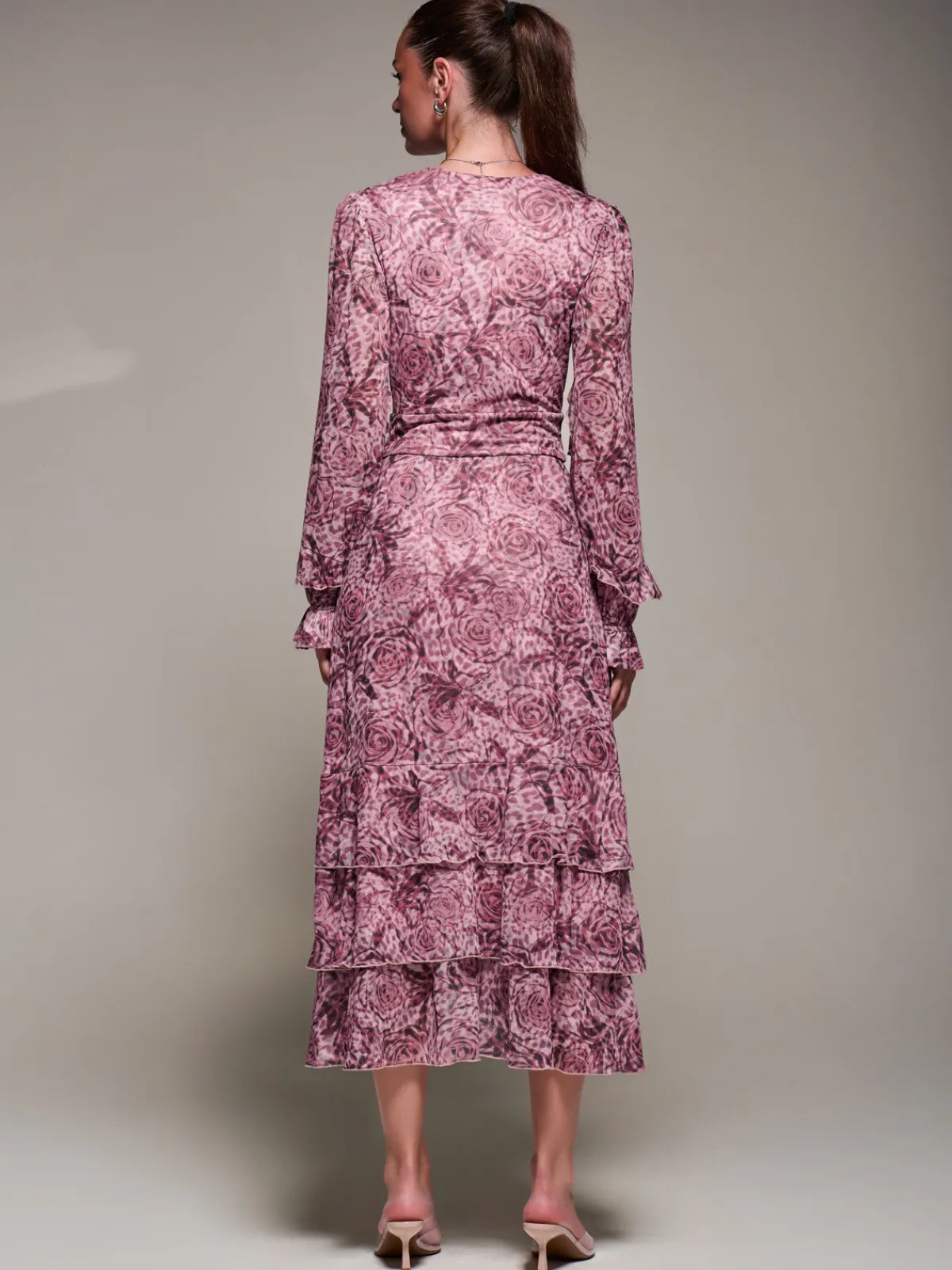 Jolie Moi Long Sleeved Dresses|Maxi Dresses-Long Sleeve Frill Detail Mesh Maxi dress, Pink Abstract