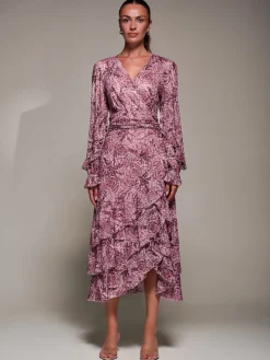 Jolie Moi Long Sleeved Dresses|Maxi Dresses-Long Sleeve Frill Detail Mesh Maxi dress, Pink Abstract