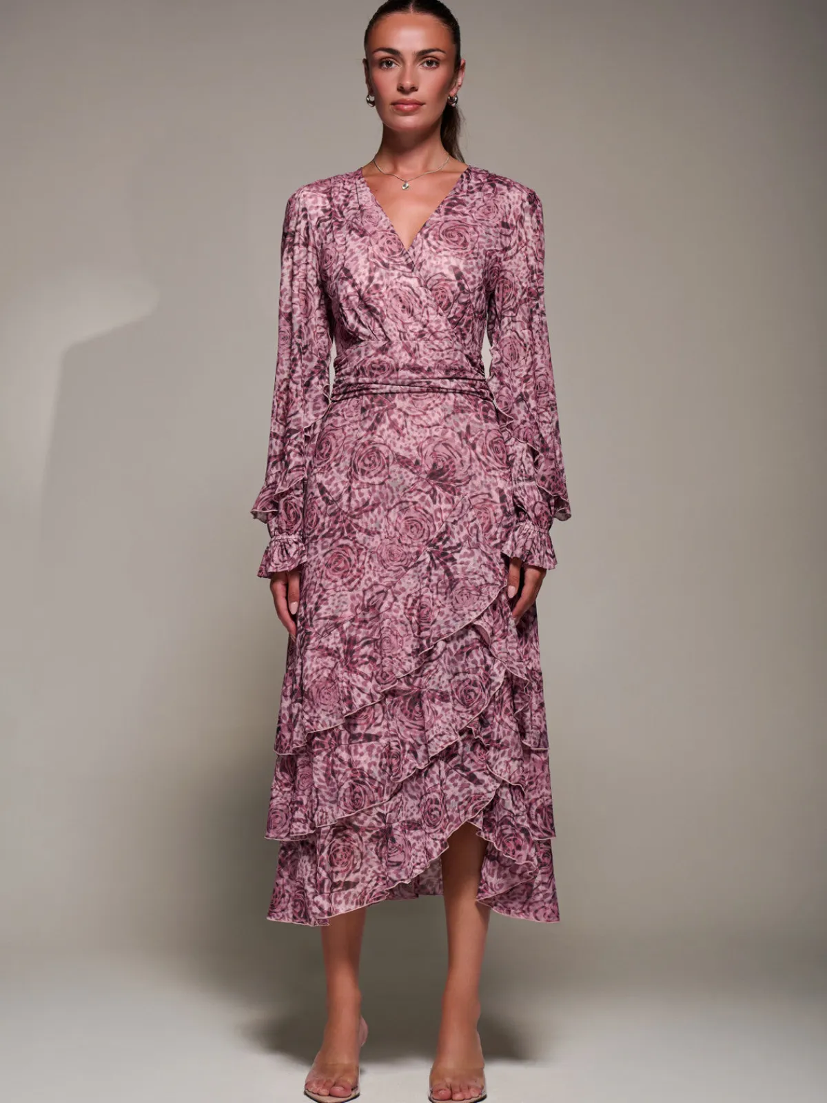 Jolie Moi Long Sleeved Dresses|Maxi Dresses-Long Sleeve Frill Detail Mesh Maxi dress, Pink Abstract