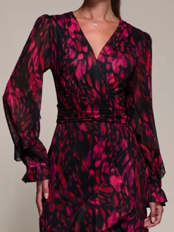 Jolie Moi Occasion Dresses|Mesh Dresses-Long Sleeve Frill Detail Mesh Maxi dress, Red Abstract