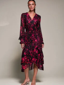 Jolie Moi Occasion Dresses|Mesh Dresses-Long Sleeve Frill Detail Mesh Maxi dress, Red Abstract