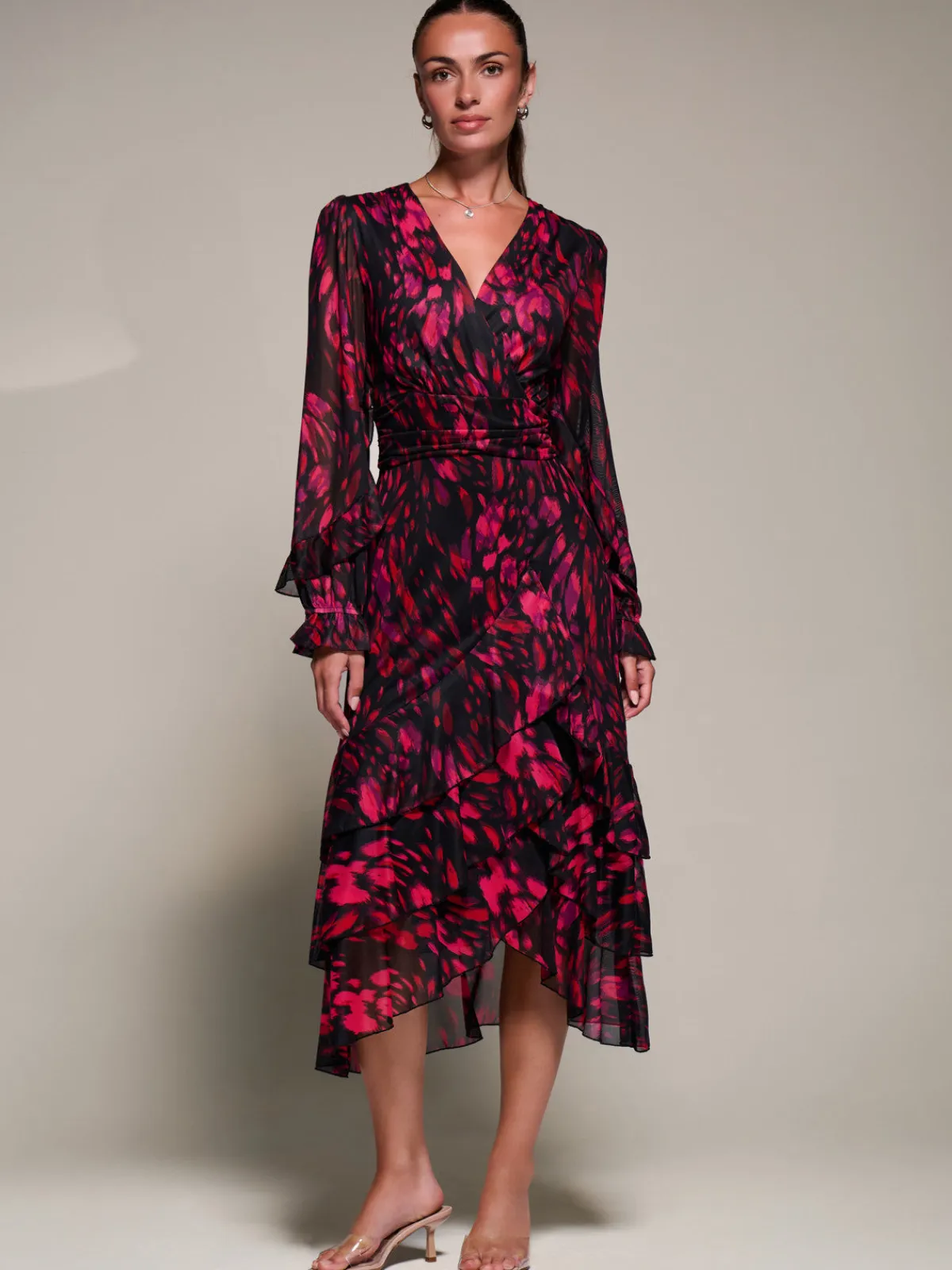 Jolie Moi Occasion Dresses|Mesh Dresses-Long Sleeve Frill Detail Mesh Maxi dress, Red Abstract
