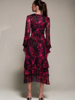Jolie Moi Occasion Dresses|Mesh Dresses-Long Sleeve Frill Detail Mesh Maxi dress, Red Abstract