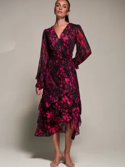 Jolie Moi Occasion Dresses|Mesh Dresses-Long Sleeve Frill Detail Mesh Maxi dress, Red Abstract
