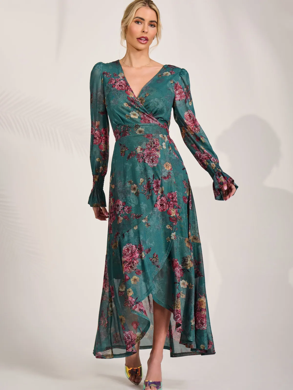 Jolie Moi Occasion Dresses|Floral Dresses-Long Sleeve Frill Hem Mesh Maxi Dress, Green Floral
