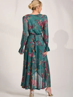 Jolie Moi Occasion Dresses|Floral Dresses-Long Sleeve Frill Hem Mesh Maxi Dress, Green Floral