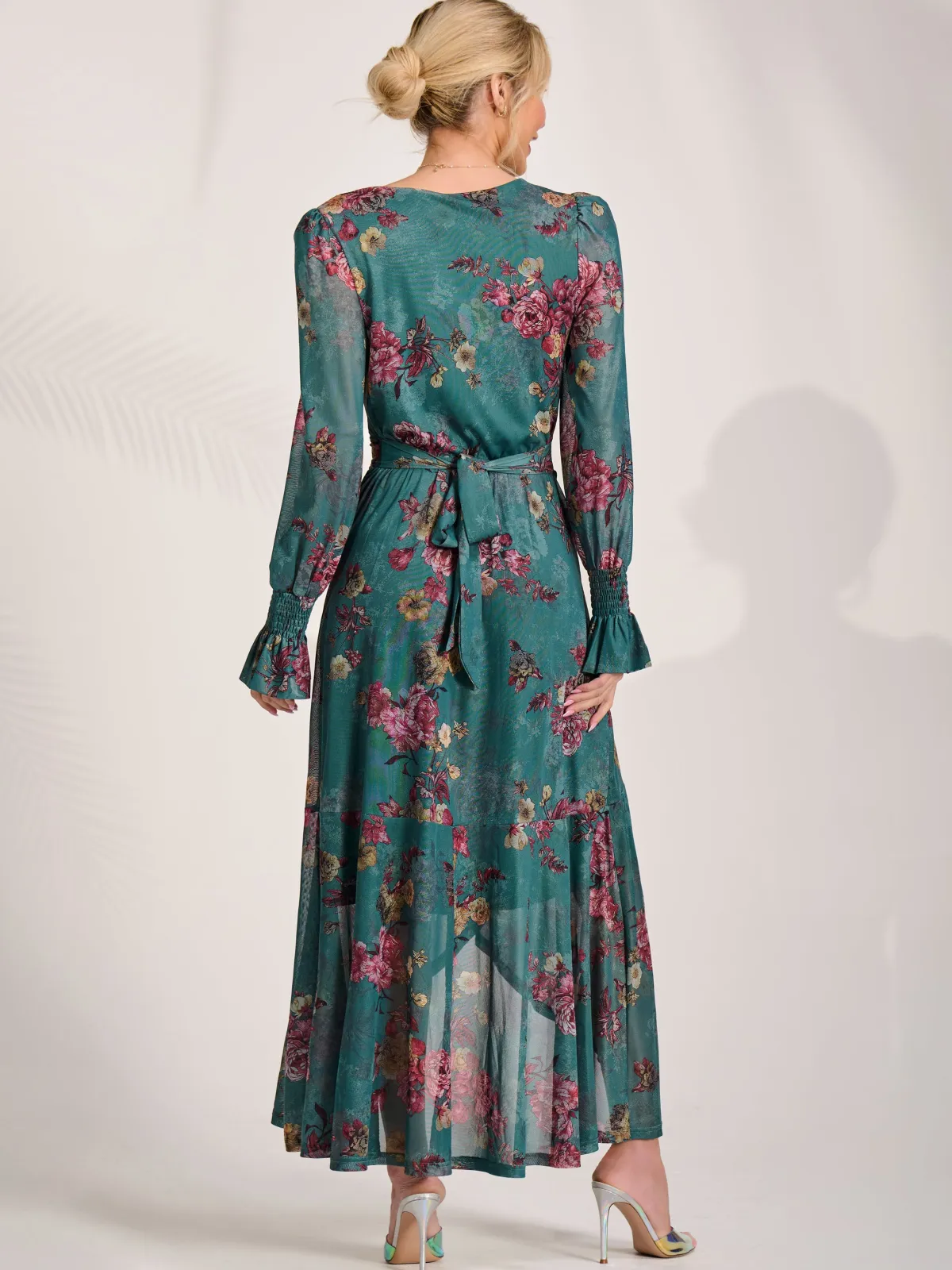 Jolie Moi Occasion Dresses|Floral Dresses-Long Sleeve Frill Hem Mesh Maxi Dress, Green Floral