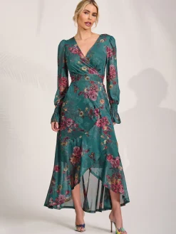Jolie Moi Occasion Dresses|Floral Dresses-Long Sleeve Frill Hem Mesh Maxi Dress, Green Floral
