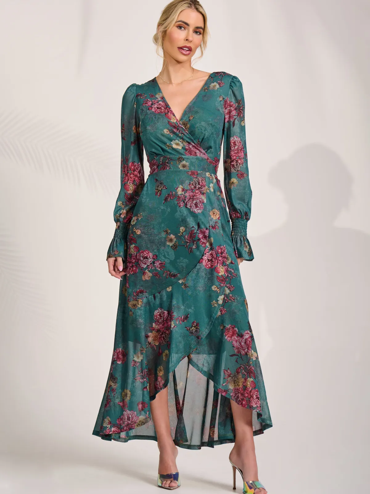 Jolie Moi Occasion Dresses|Floral Dresses-Long Sleeve Frill Hem Mesh Maxi Dress, Green Floral