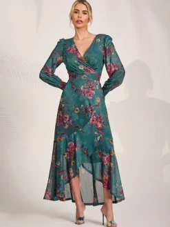 Jolie Moi Occasion Dresses|Floral Dresses-Long Sleeve Frill Hem Mesh Maxi Dress, Green Floral