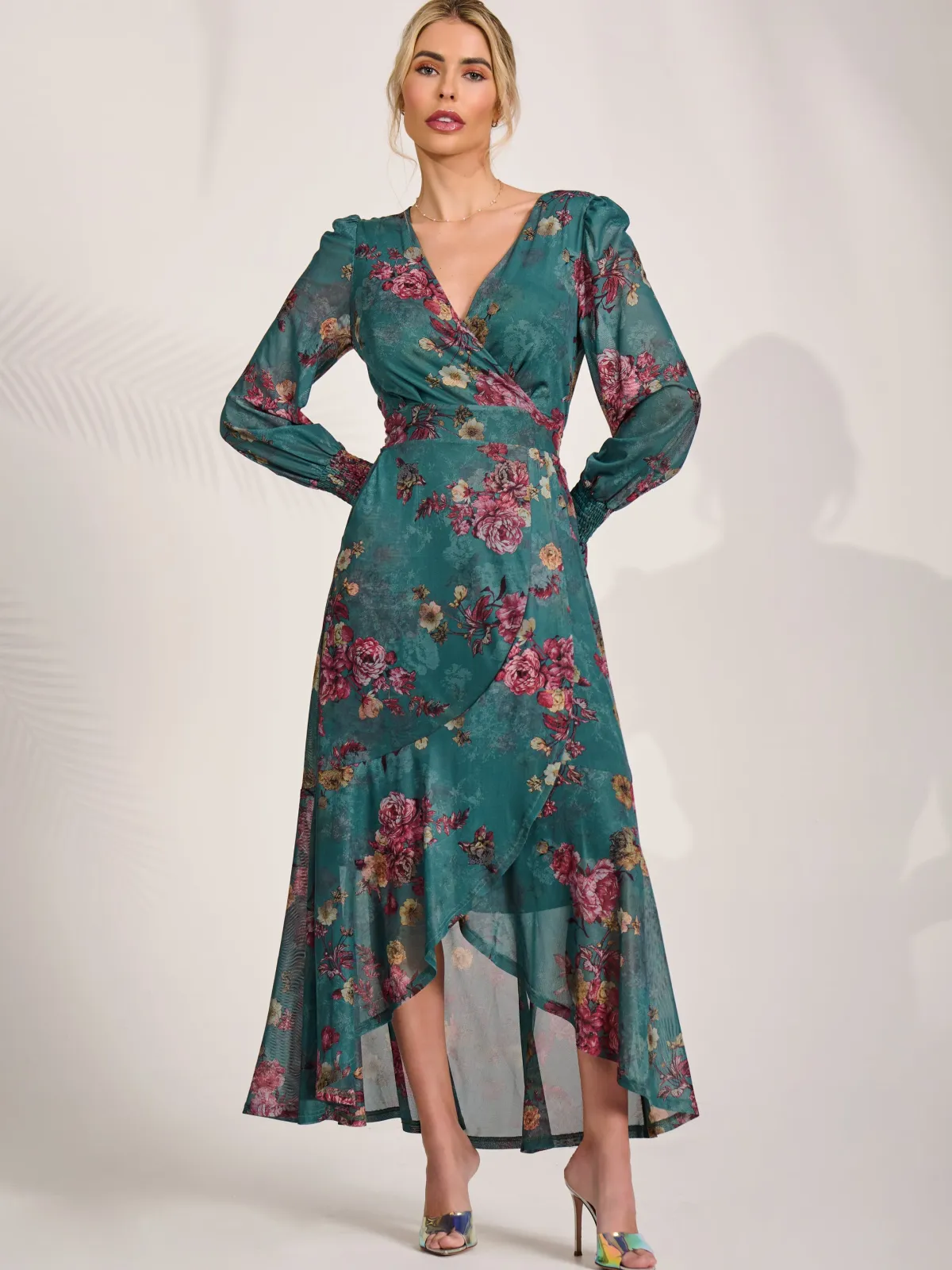 Jolie Moi Occasion Dresses|Floral Dresses-Long Sleeve Frill Hem Mesh Maxi Dress, Green Floral