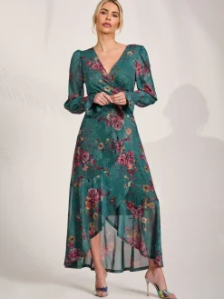 Jolie Moi Occasion Dresses|Floral Dresses-Long Sleeve Frill Hem Mesh Maxi Dress, Green Floral