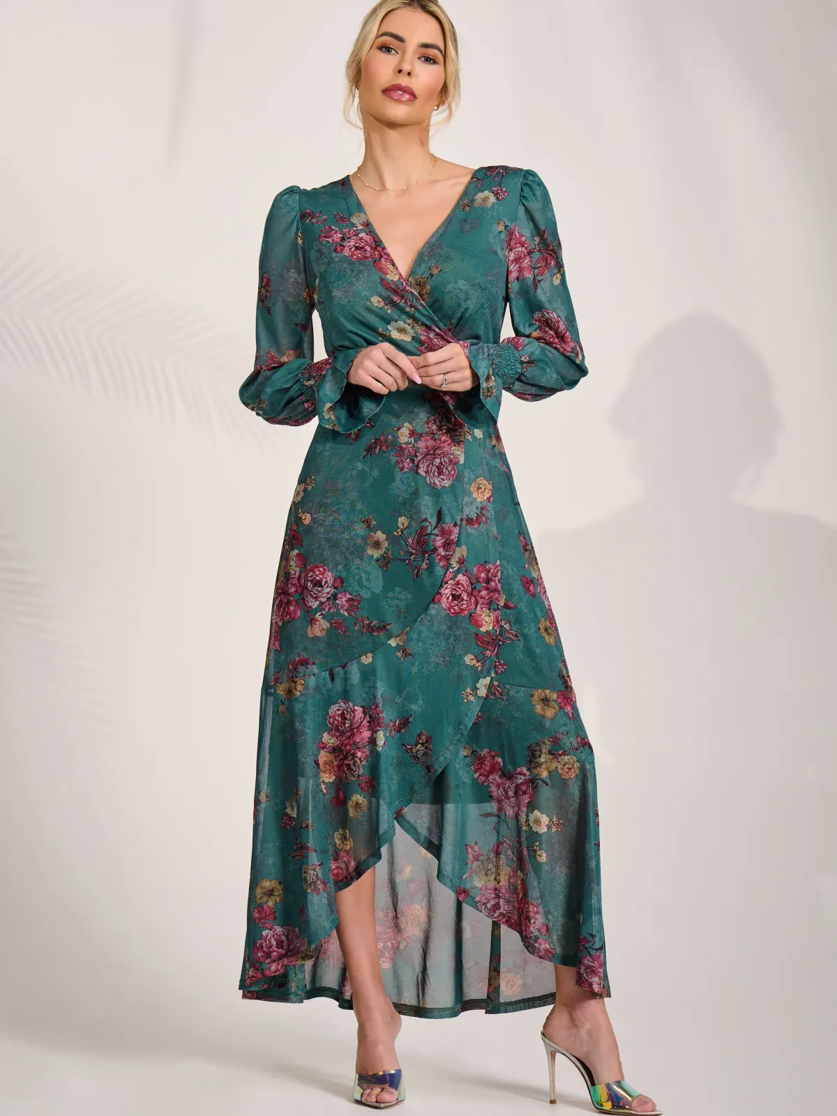Jolie Moi Occasion Dresses|Floral Dresses-Long Sleeve Frill Hem Mesh Maxi Dress, Green Floral