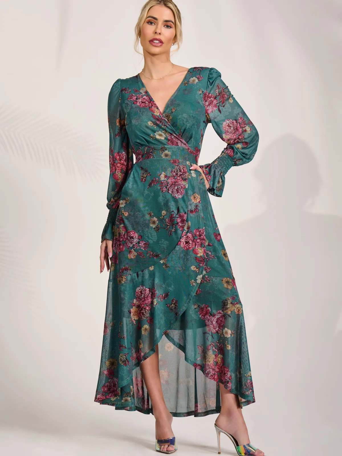 Jolie Moi Occasion Dresses|Floral Dresses-Long Sleeve Frill Hem Mesh Maxi Dress, Green Floral