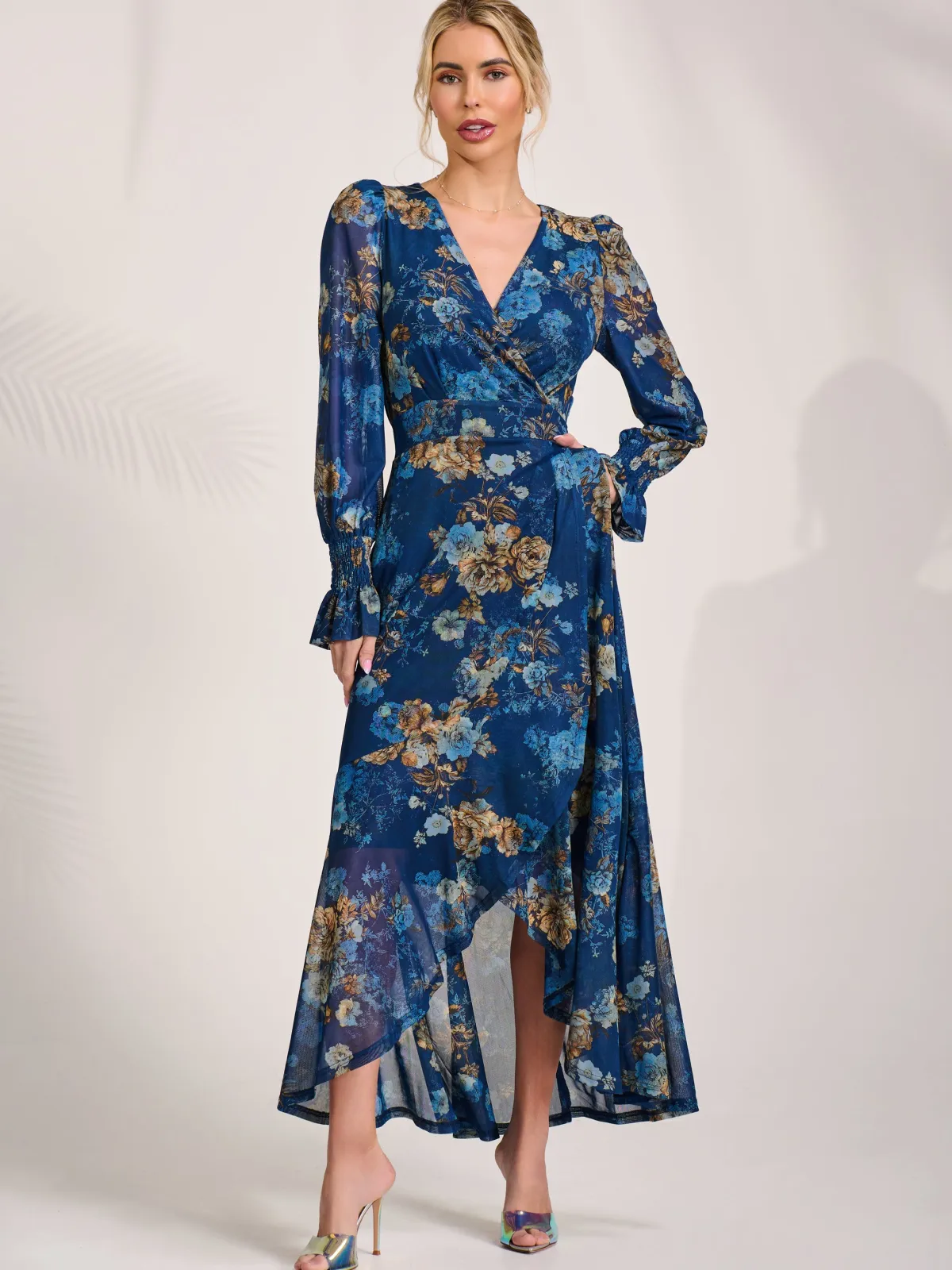 Jolie Moi Occasion Dresses|Floral Dresses-Long Sleeve Frill Hem Mesh Maxi Dress, Navy Floral