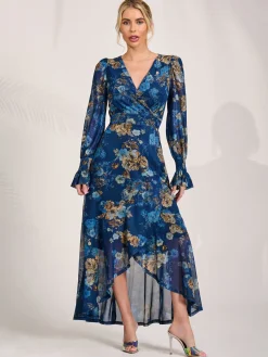 Jolie Moi Occasion Dresses|Floral Dresses-Long Sleeve Frill Hem Mesh Maxi Dress, Navy Floral