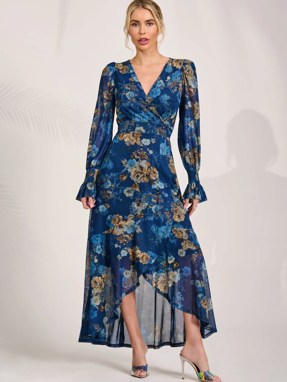 Jolie Moi Occasion Dresses|Floral Dresses-Long Sleeve Frill Hem Mesh Maxi Dress, Navy Floral