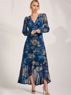 Jolie Moi Occasion Dresses|Floral Dresses-Long Sleeve Frill Hem Mesh Maxi Dress, Navy Floral