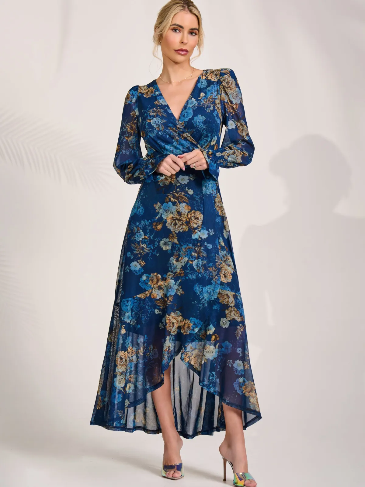 Jolie Moi Occasion Dresses|Floral Dresses-Long Sleeve Frill Hem Mesh Maxi Dress, Navy Floral