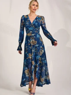 Jolie Moi Occasion Dresses|Floral Dresses-Long Sleeve Frill Hem Mesh Maxi Dress, Navy Floral