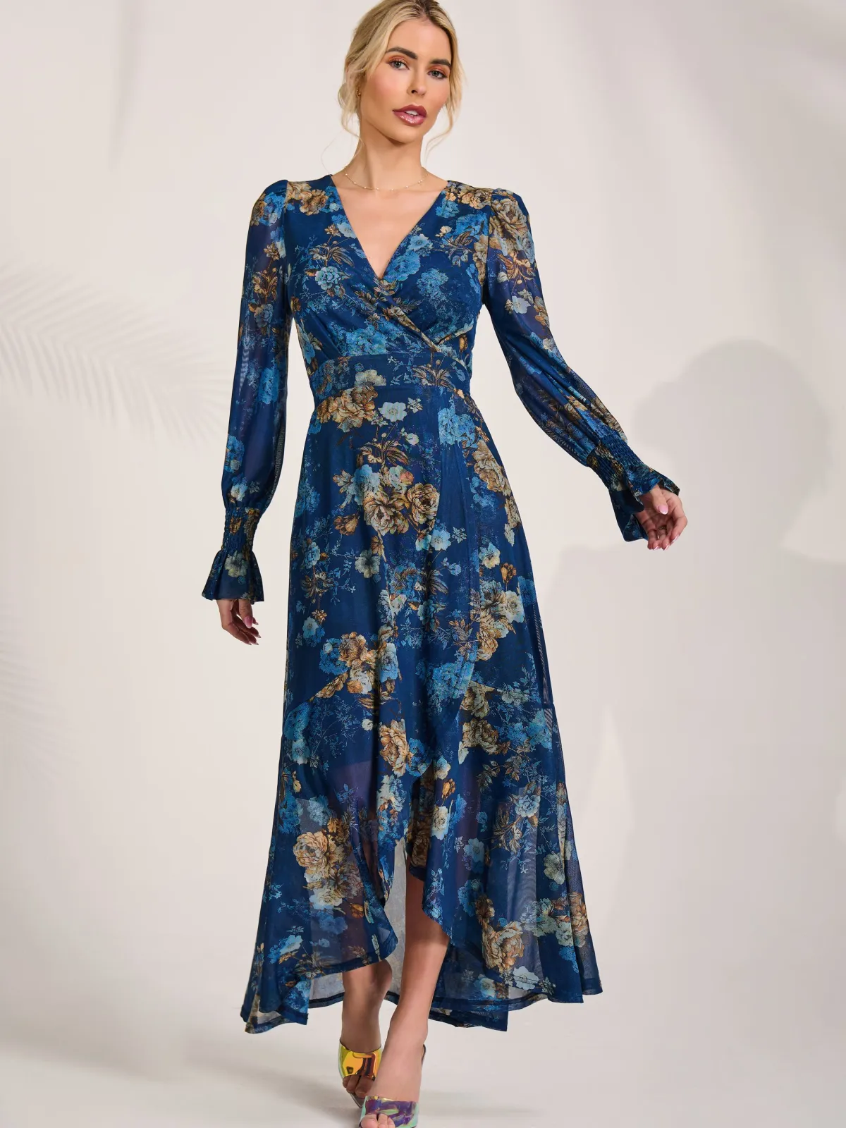 Jolie Moi Occasion Dresses|Floral Dresses-Long Sleeve Frill Hem Mesh Maxi Dress, Navy Floral