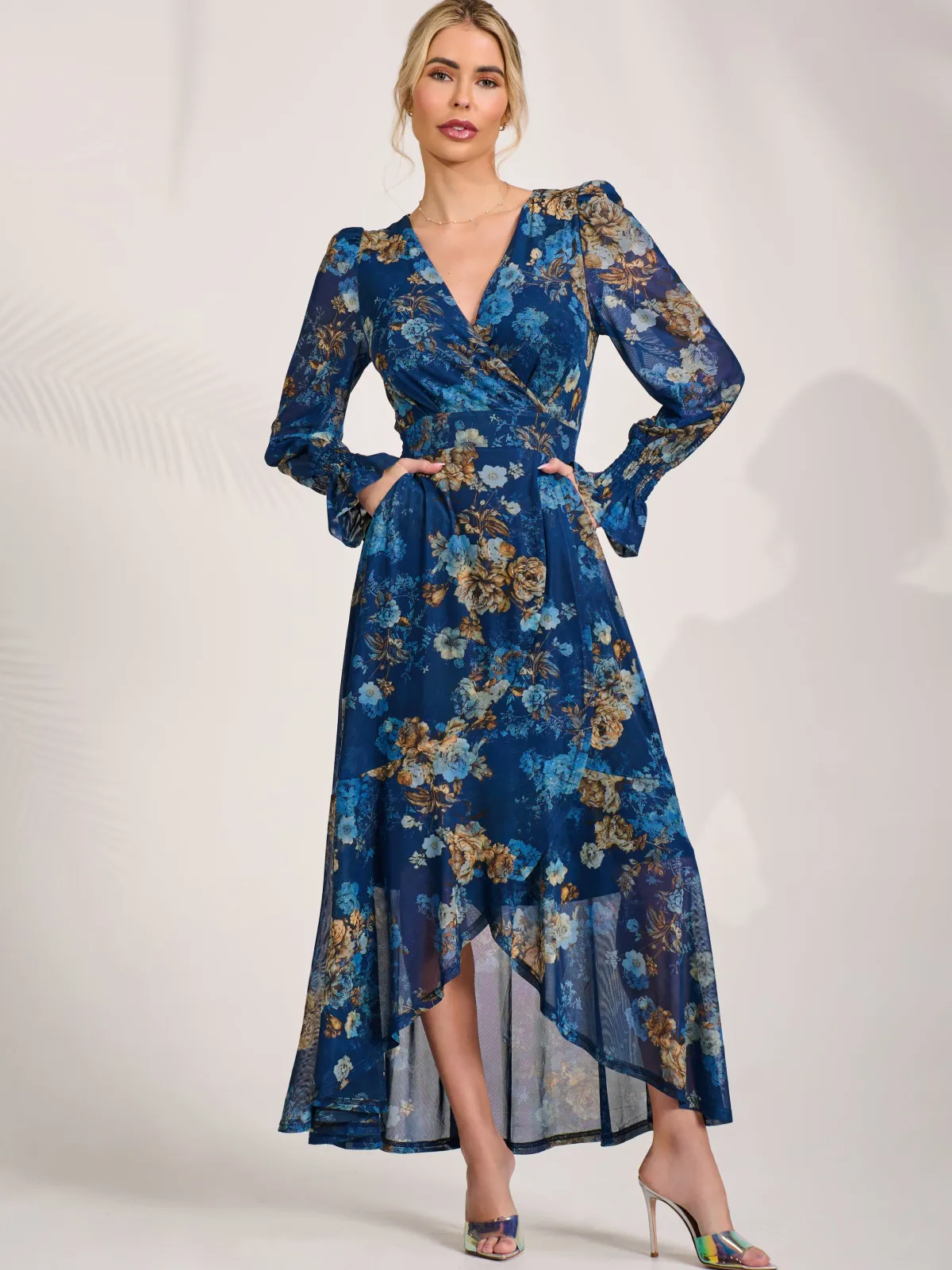 Jolie Moi Occasion Dresses|Floral Dresses-Long Sleeve Frill Hem Mesh Maxi Dress, Navy Floral