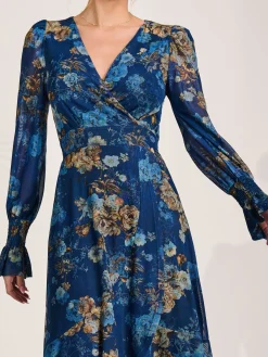 Jolie Moi Occasion Dresses|Floral Dresses-Long Sleeve Frill Hem Mesh Maxi Dress, Navy Floral