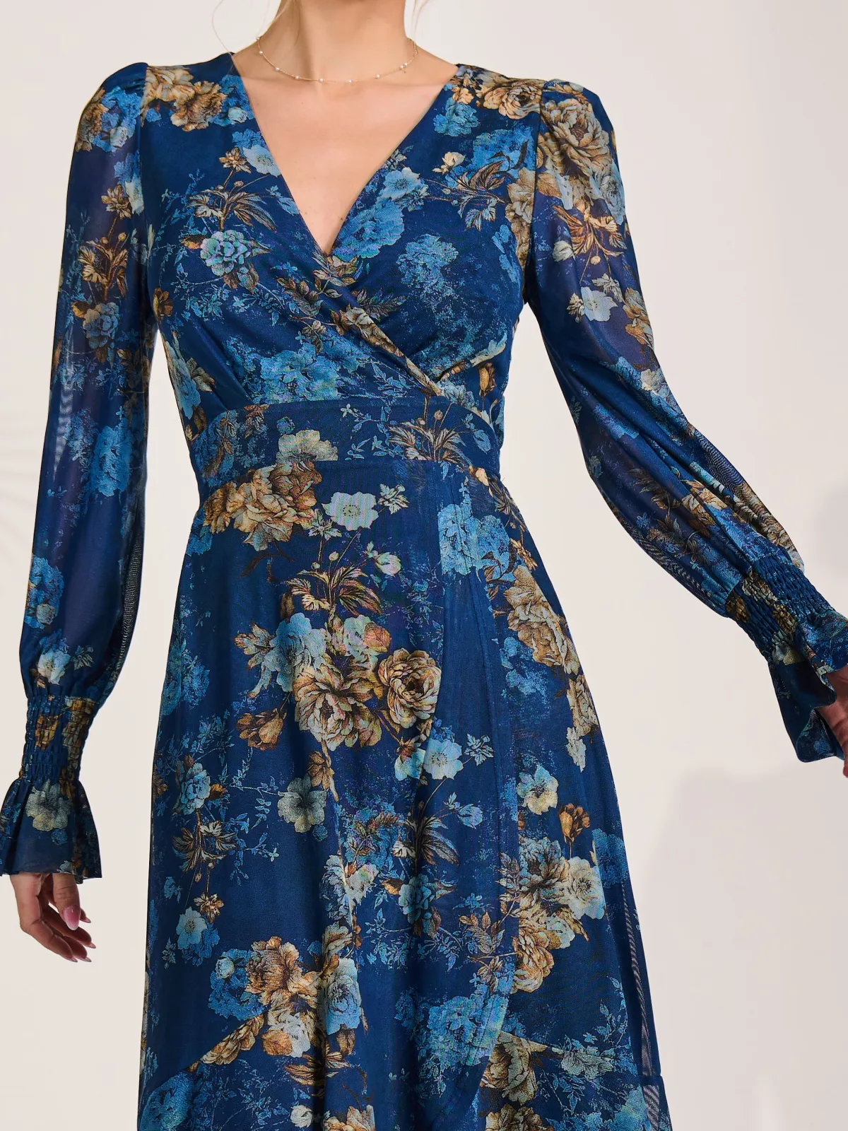 Jolie Moi Occasion Dresses|Floral Dresses-Long Sleeve Frill Hem Mesh Maxi Dress, Navy Floral