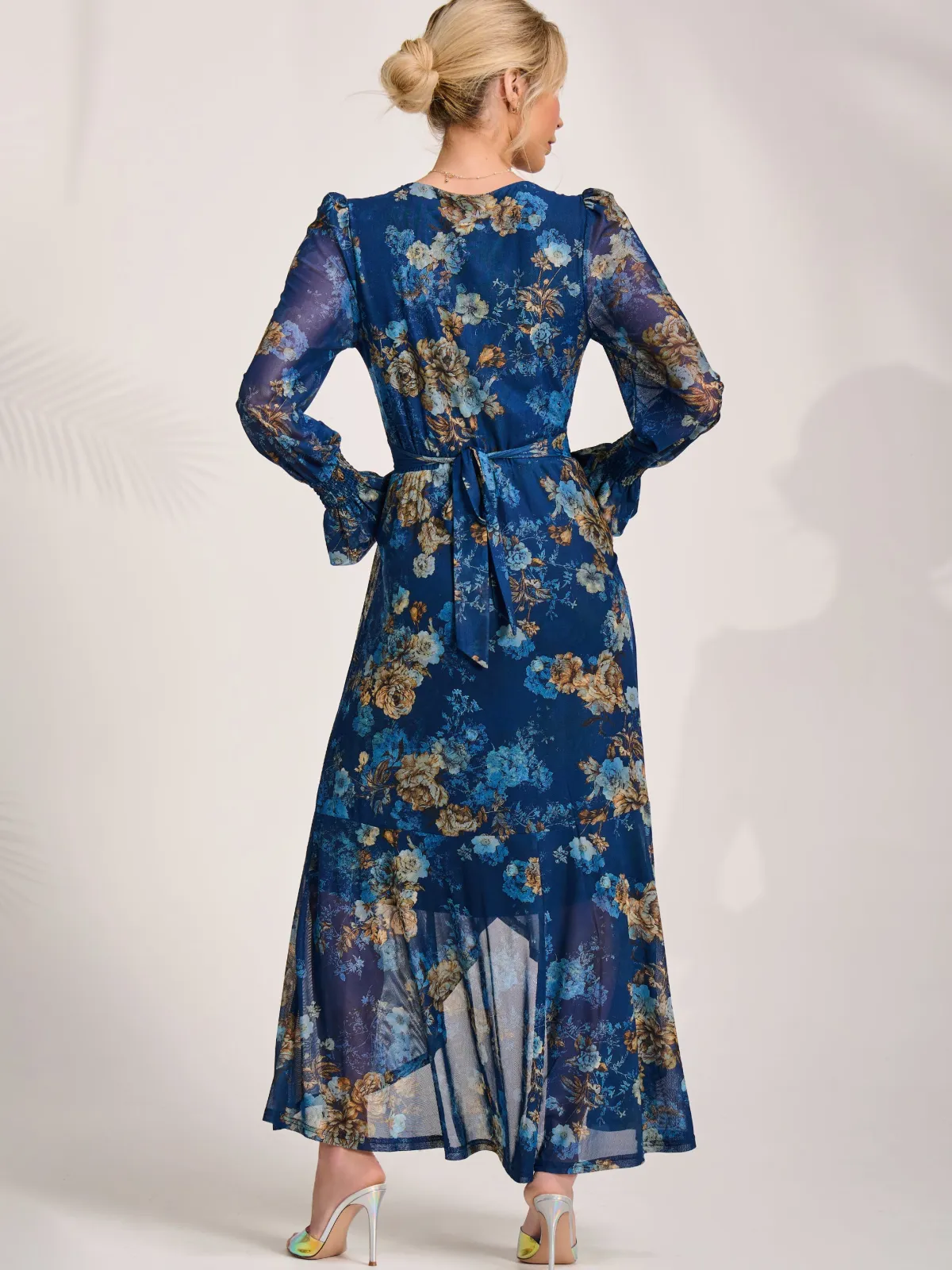 Jolie Moi Occasion Dresses|Floral Dresses-Long Sleeve Frill Hem Mesh Maxi Dress, Navy Floral