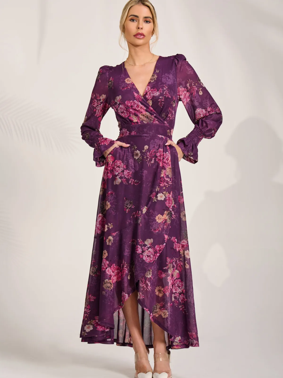 Jolie Moi Occasion Dresses|Floral Dresses-Long Sleeve Frill Hem Mesh Maxi Dress, Purple Floral