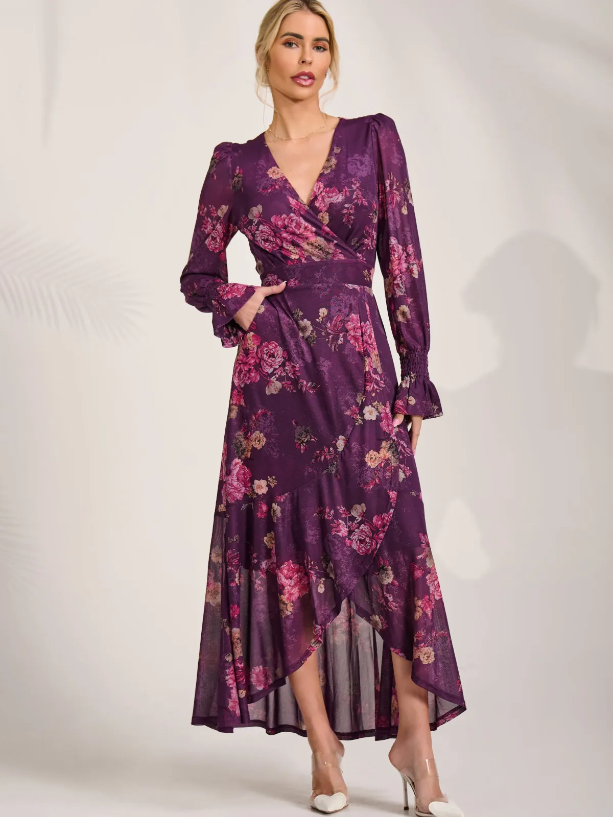 Jolie Moi Occasion Dresses|Floral Dresses-Long Sleeve Frill Hem Mesh Maxi Dress, Purple Floral