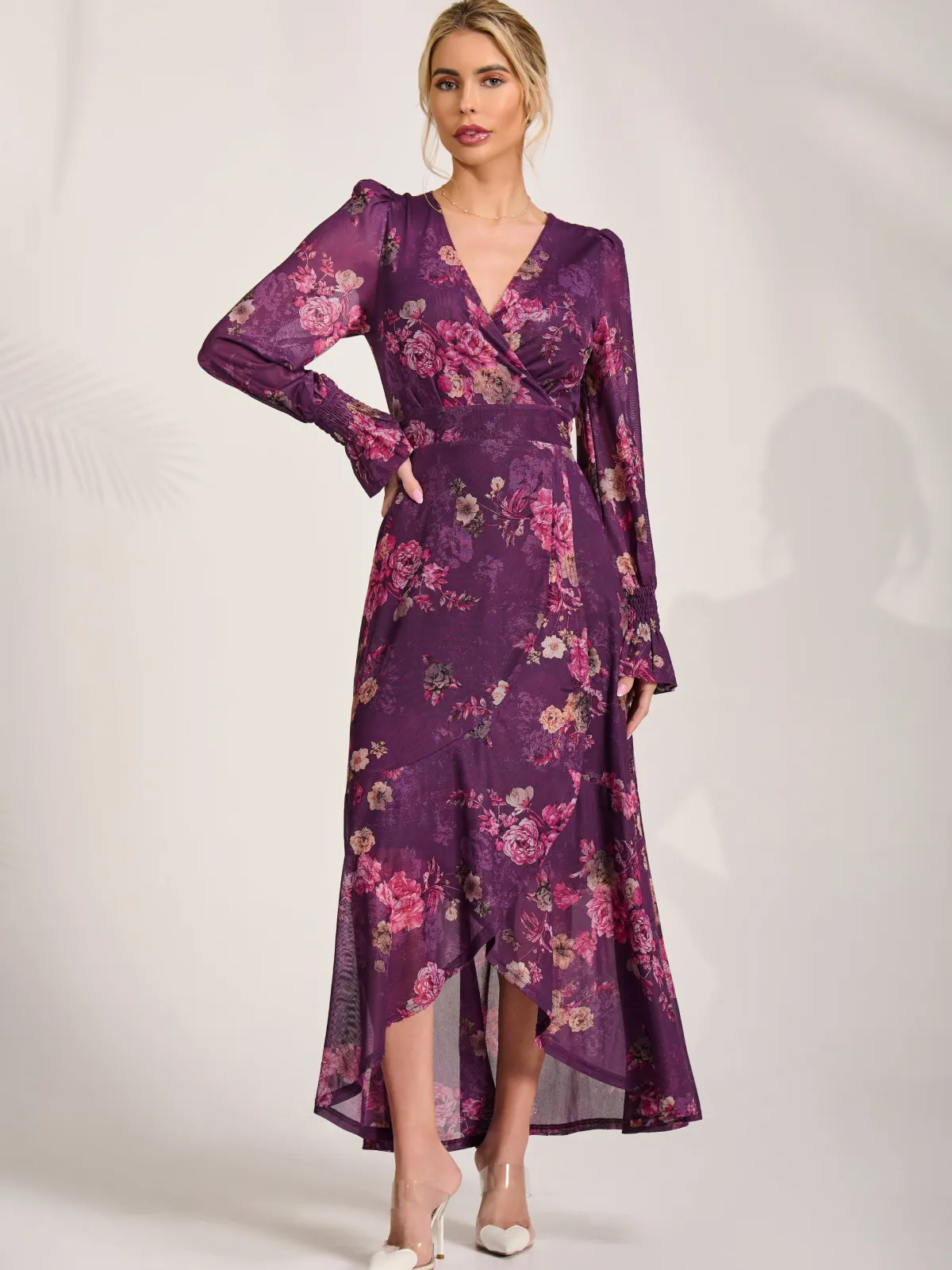 Jolie Moi Occasion Dresses|Floral Dresses-Long Sleeve Frill Hem Mesh Maxi Dress, Purple Floral