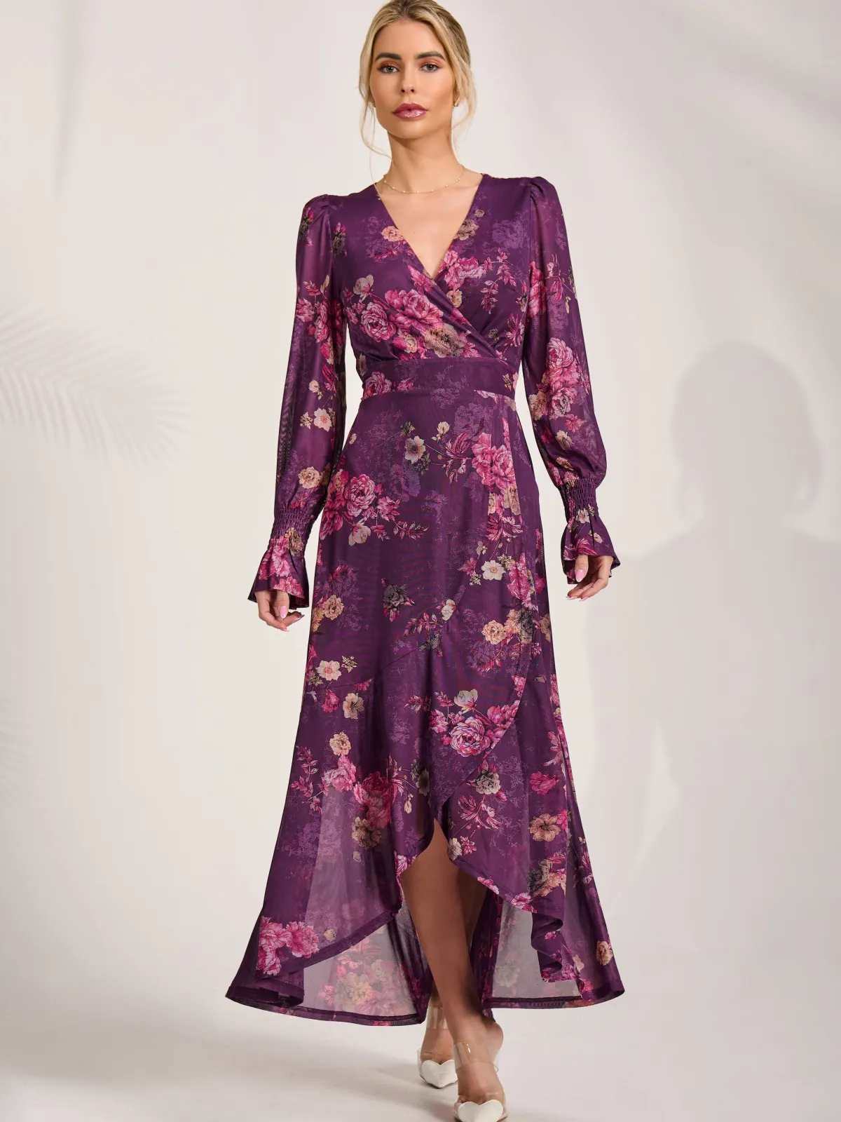 Jolie Moi Occasion Dresses|Floral Dresses-Long Sleeve Frill Hem Mesh Maxi Dress, Purple Floral