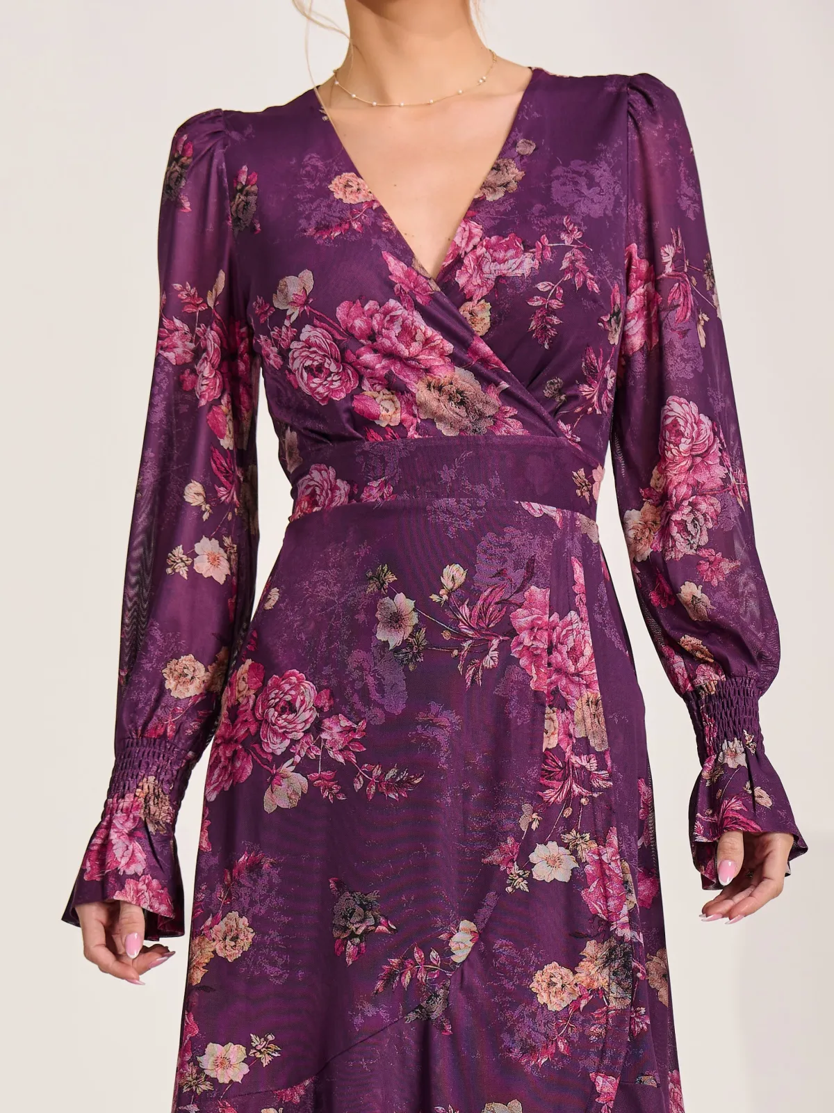 Jolie Moi Occasion Dresses|Floral Dresses-Long Sleeve Frill Hem Mesh Maxi Dress, Purple Floral