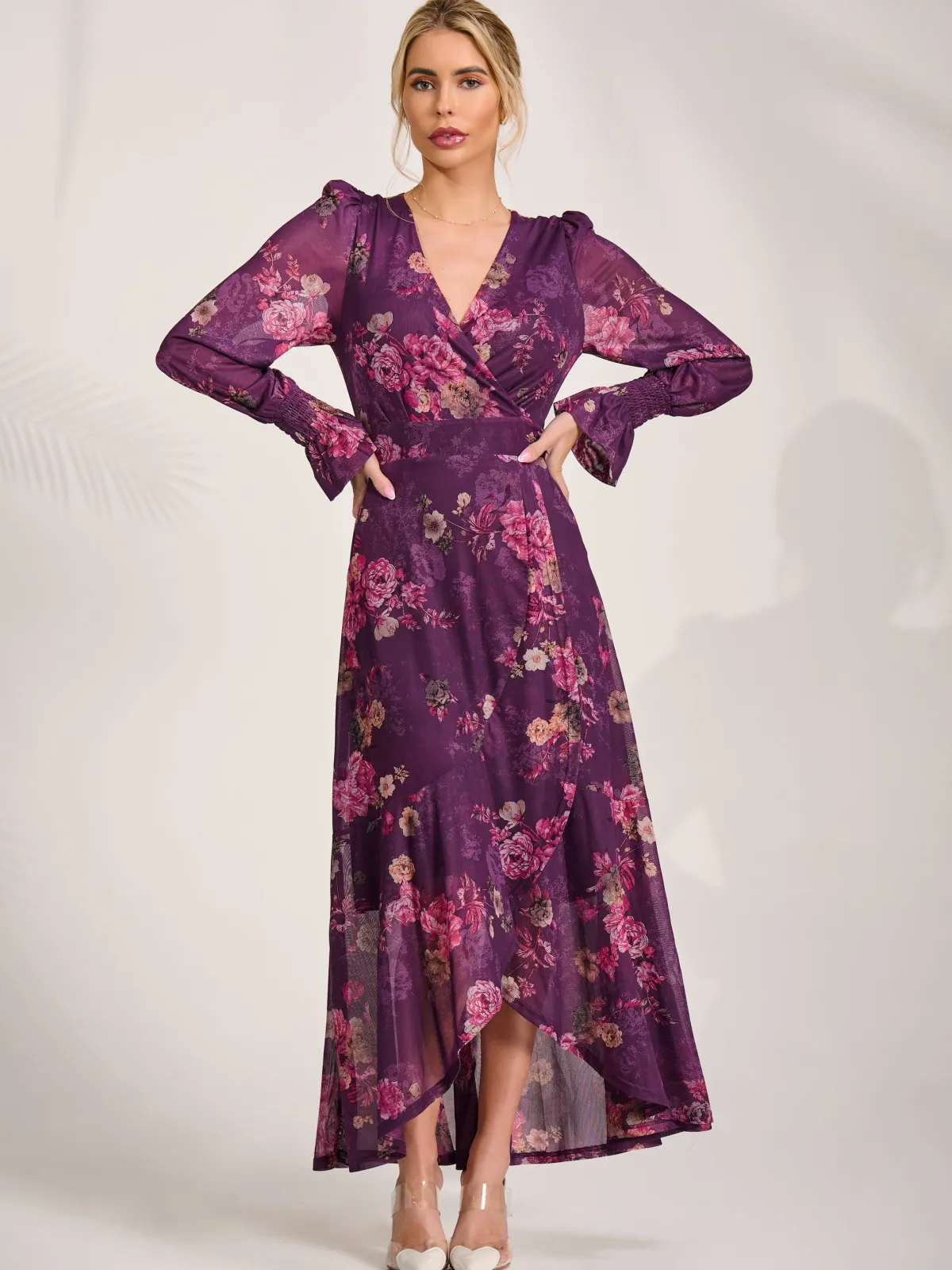 Jolie Moi Occasion Dresses|Floral Dresses-Long Sleeve Frill Hem Mesh Maxi Dress, Purple Floral
